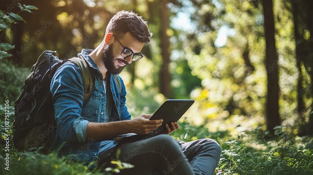 Fototapeta premium A learner accessing e-learning modules on a tablet in a relaxed outdoor setting.