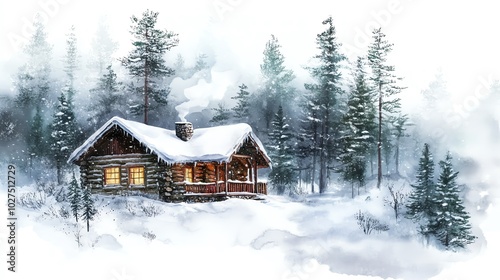 Charming wooden cabin in snowy landscape surrounded by tall evergreen trees.