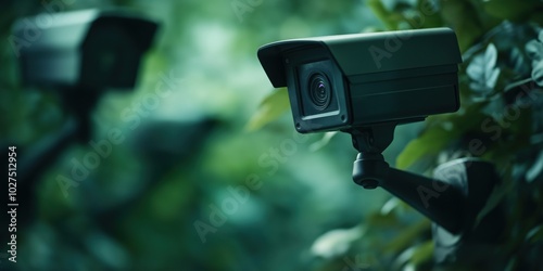 A close-up of a security camera camouflaged among dense greenery captures the importance of discreet surveillance in securing outdoor environments like parks or gardens.