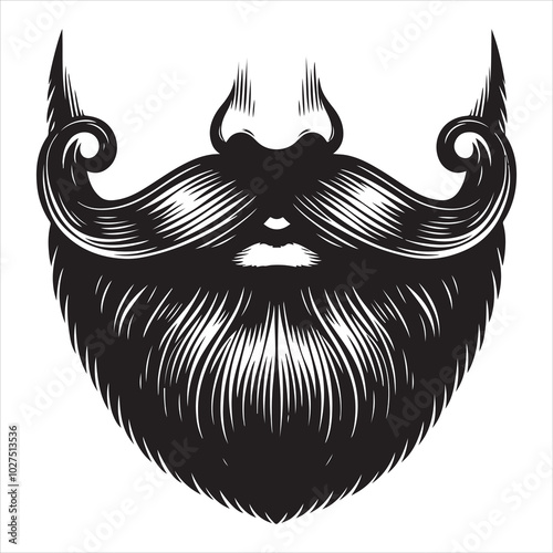 Black silhouette of a man with a stylish full beard and thick mustache, clean lines on a pure white background 