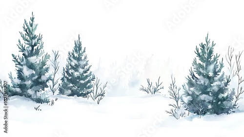 Pine trees covered in snow on a white isolated background.