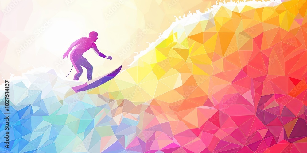 Silhouette of a surfer riding a wave with a colorful geometric background. Silhouette of a surfer riding a wave with a colorful geometric background.