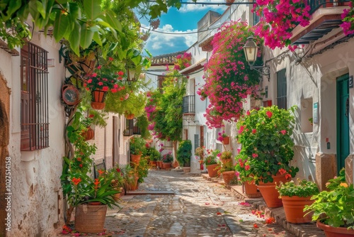 A narrow street lined with potted plants and flowers, generative ai image
