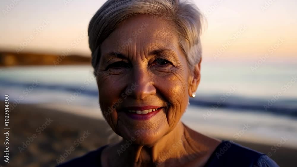 Joyful elderly woman smiling by the beach at sunset Joyful elderly woman smiling by the beach at sunset