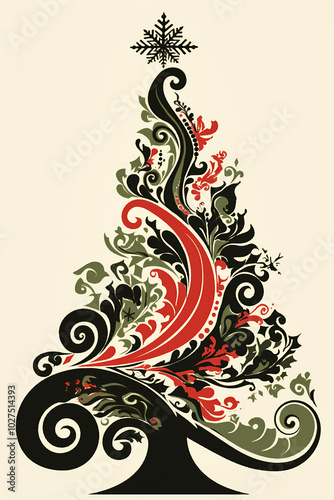 Christmas, tree, Christmas ornament, Christmas tree, illustration, greeting card, holy night, design, vector, floral, flower, ribbon, pattern, ornament, leaf, art, decoration, swirl, plant, nature,