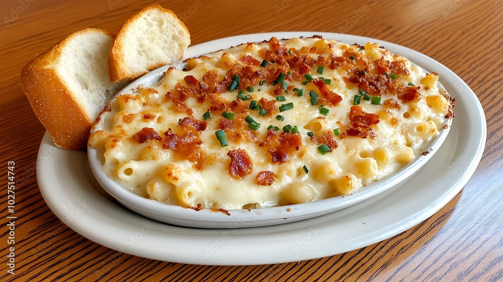 A plate of mac and cheese topped with crumbled bacon and chives, with a side of garlic bread, set on a restaurant table. A plate of mac and cheese topped with crumbled bacon and chives, with a side of garlic bread, set on a restaurant table.