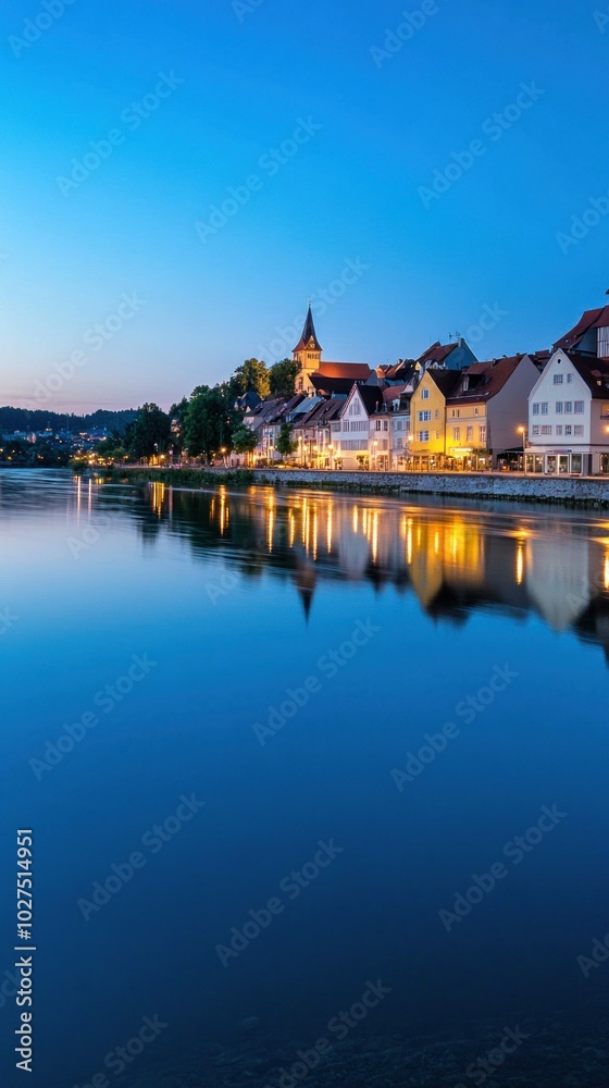 Fototapeta premium Cityscape with buildings and church reflected in still water at dusk