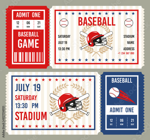 Vintage baseball tickets. Championship invitational cards, american sports game, themed events coupons, helmet, bats, balls, tournament or cup admission card, entrance pass tidy vector set