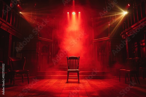 Wooden chair on the burlesque style stage, the lighting comes from the back of the stage with lots of light, Generative Ai 