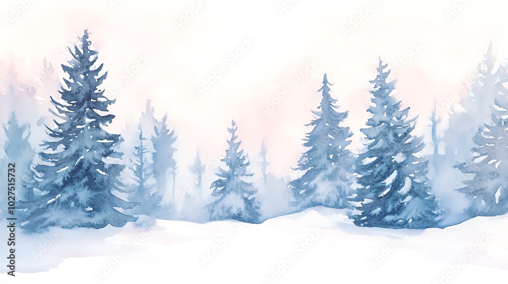 Obraz premium Snowy forest scene with evergreen trees and soft pastel background.