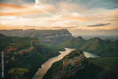 Blyde River Canyon with Three Rondavels peak, view of canyon with Blyde River in Mpumalanga south africa