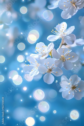 Beautiful white flowers on a blue background with bokeh lights