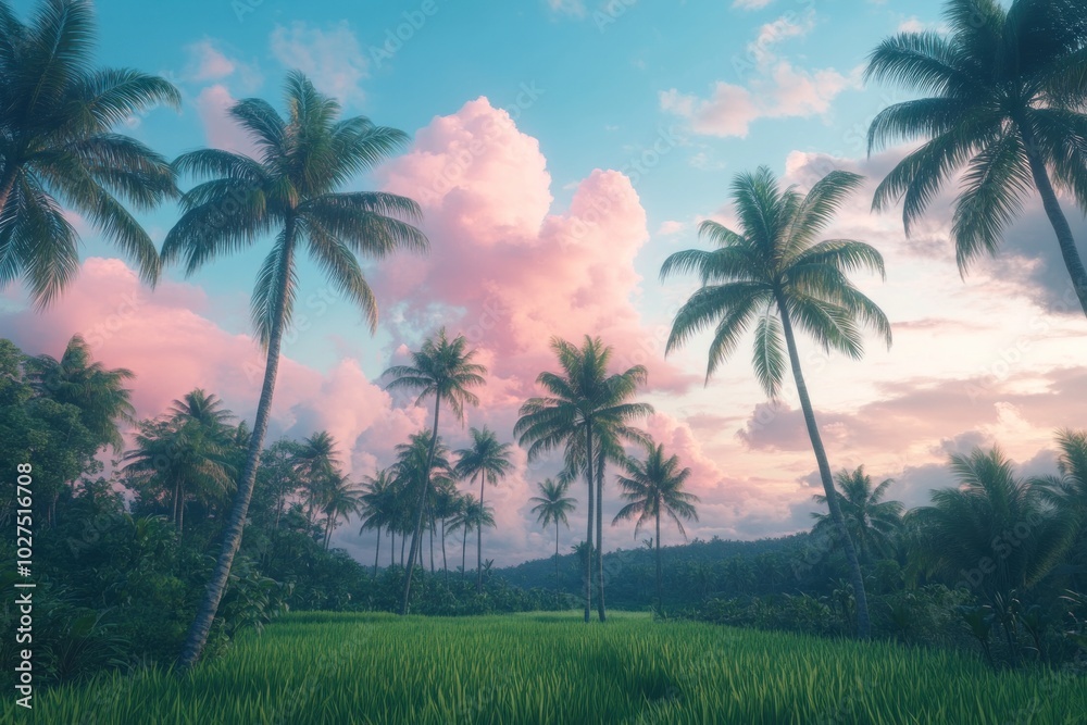 Palm Trees Silhouetted Against a Pink and Blue Sunset Sky Over Lush Green Grass Palm Trees Silhouetted Against a Pink and Blue Sunset Sky Over Lush Green Grass
