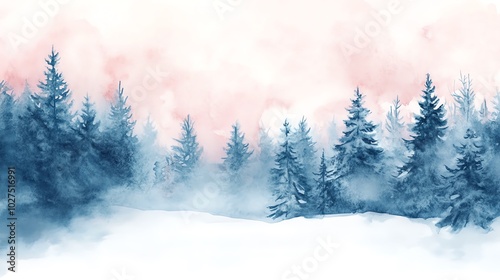 Winter forest landscape with snow-covered trees and soft mist.