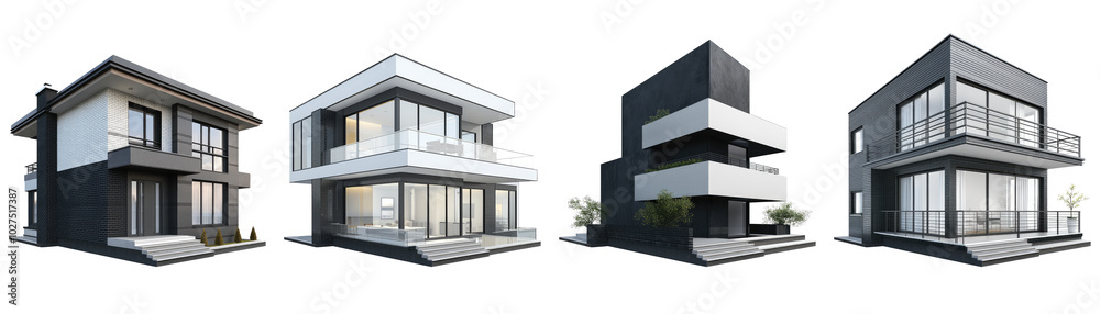 House 3d modern style black and grey color collection isolated on transparent background, PNG. Clipart template House 3d modern style black and grey color collection isolated on transparent background, PNG. Clipart template