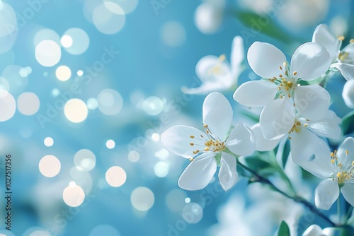 Beautiful white flowers on a blue background with bokeh lights