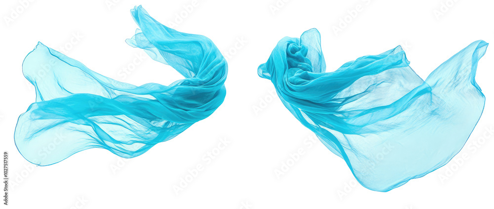 Translucent flying blue fabric levitates isolated on transparent background, PNG. Clipart template 