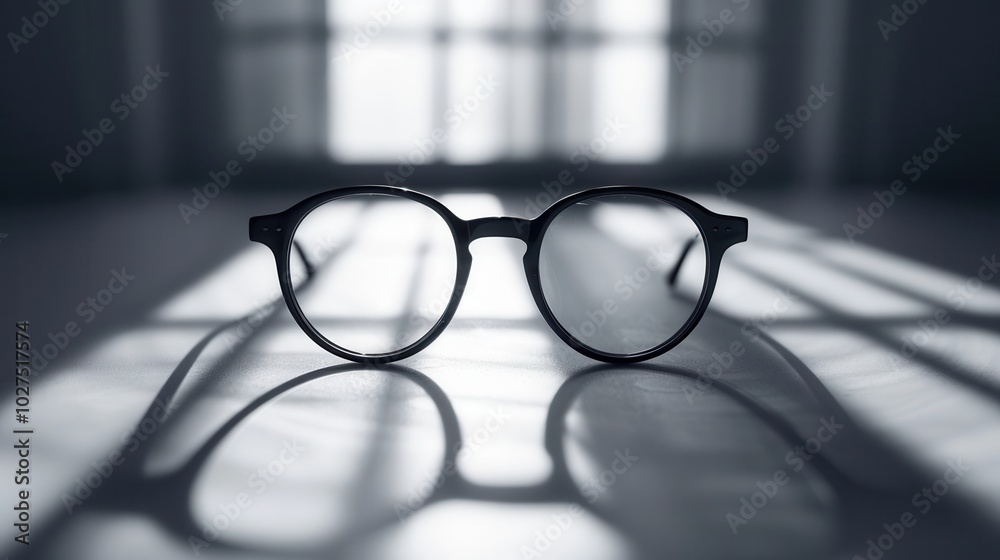 A pair of eyeglasses sits on a surface, casting interesting shadows created by the sunlight filtering through adjacent windows. Generative AI A pair of eyeglasses sits on a surface, casting interesting shadows created by the sunlight filtering through adjacent windows. Generative AI