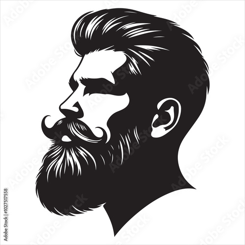 Black silhouette of a man with a stylish full beard and thick mustache, clean lines on a pure white background 
