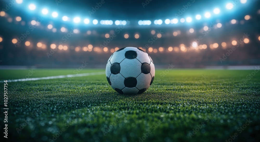 Naklejka premium A soccer ball rests on the vibrant green field beneath bright stadium lights at night