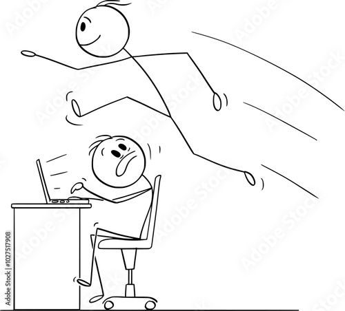 Person jumping over table and office worker working on computer, vector cartoon stick figure or character illustration.