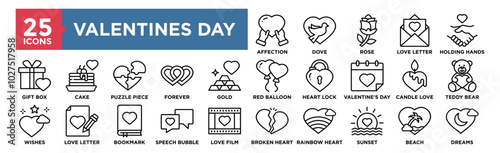 Valentines Day icon collection set. Containing design romantic, love, heart, valentine, illustration, vector, holiday