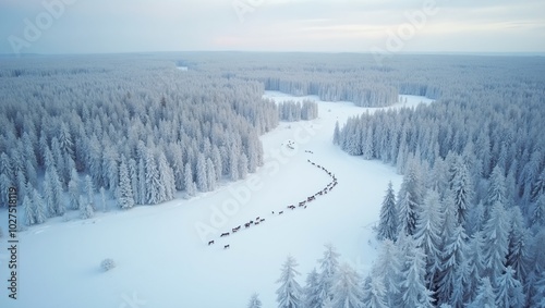 Snow covered Lapland with frozen lakes forests and reindeer