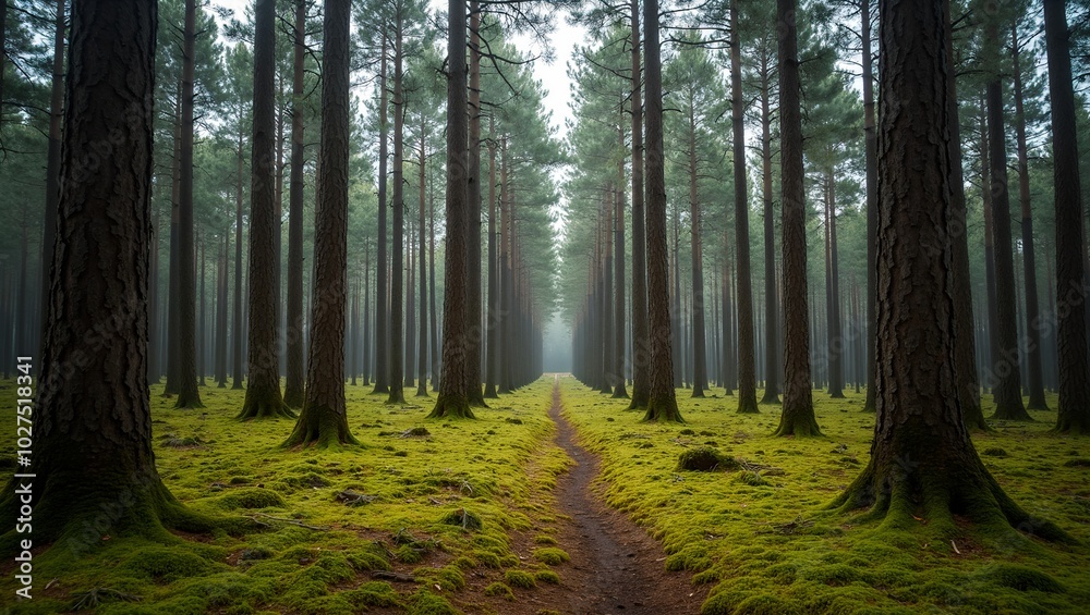 Obraz premium Serene Swedish pine forest with tall trees and mossy ground
