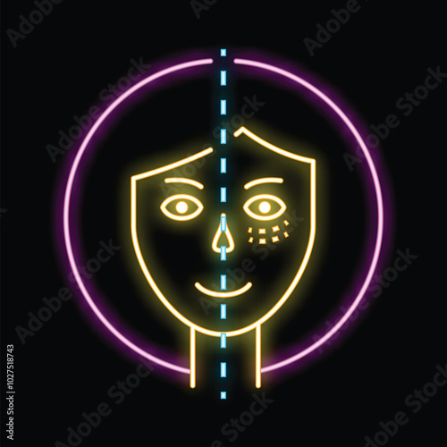 Neon sign illustrating the effectiveness of a beauty treatment on a woman's face, removing imperfections for perfect skin