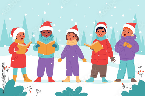 Children Christmas choir. Kids sing songs in winter landscape, boys and girls choristers in warm clothes, little vocalists. Merry Christmas, cartoon flat isolated illustration, vector concept