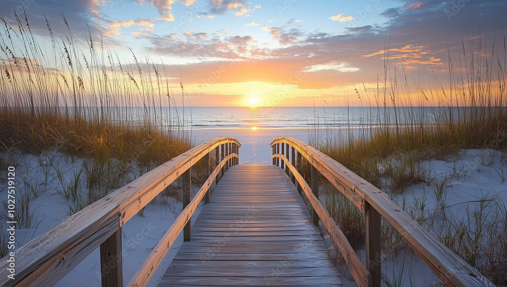 Naklejka premium A wooden boardwalk leading to the beach at sunset, surrounded by dunes and sea grass with an ocean view in the background
