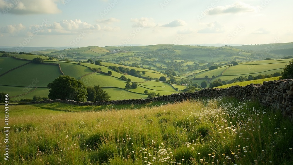 Naklejka premium Tranquil English countryside with rolling hills and stone walls under a summer sky