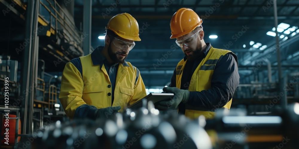 Fototapeta premium Two workers, wearing hard hats and safety glasses in a factory, closely examine data on a tablet, focusing on enhancing efficiency and productivity safely.