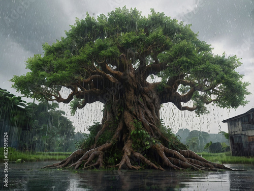 Large tree in rain