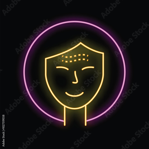 Yellow neon icon of a woman receiving acupuncture treatment in a purple circle on a black background