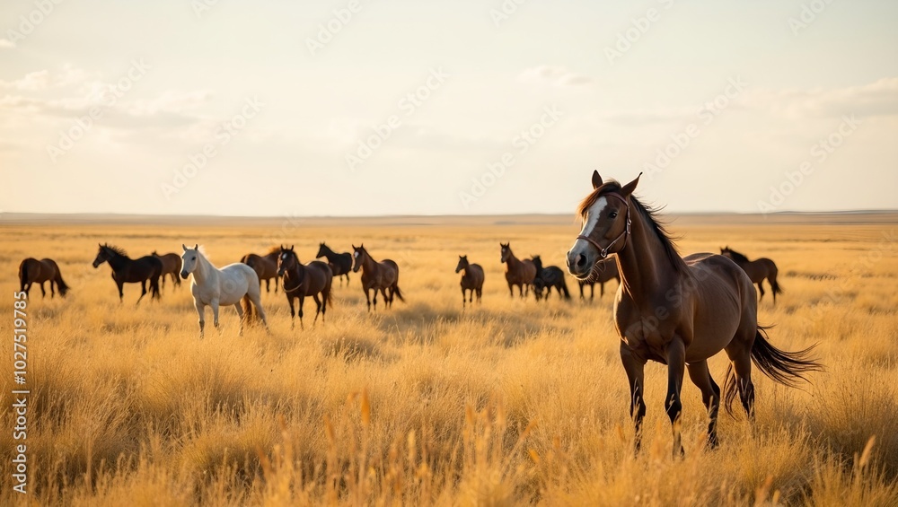 Golden grasslands of Argentine pampas horses grazing in the distance Golden grasslands of Argentine pampas horses grazing in the distance