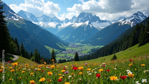 Breathtaking Swiss Alps scenery with snow capped peaks valleys villages and blooming alpine flowers