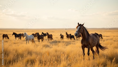 Golden grasslands of Argentine pampas horses grazing in the distance