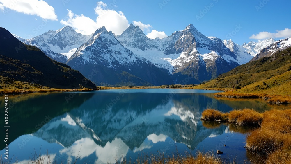 Majestic Southern Alps reflecting in alpine lake lush green meadows Majestic Southern Alps reflecting in alpine lake lush green meadows