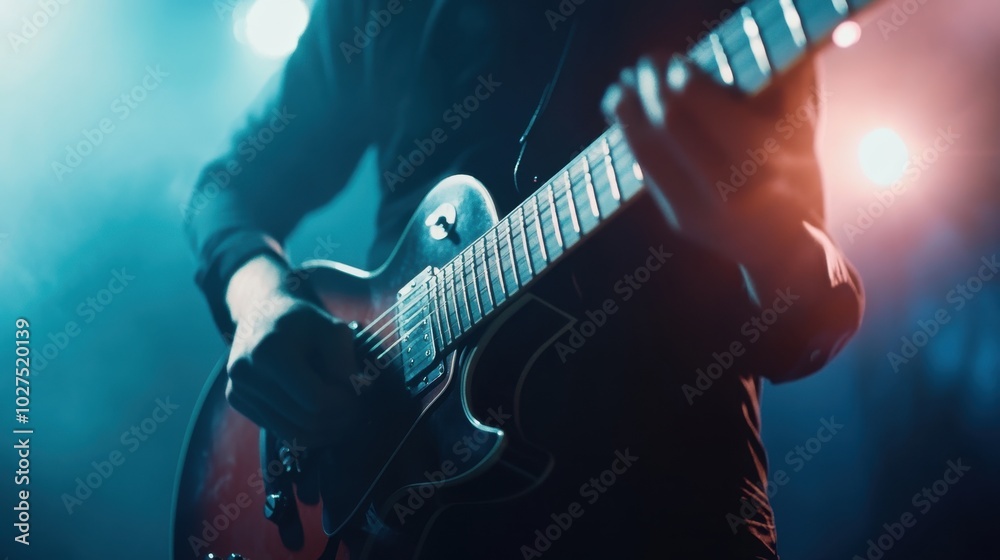 Obraz premium Musician playing guitar, studio background, soft lighting,