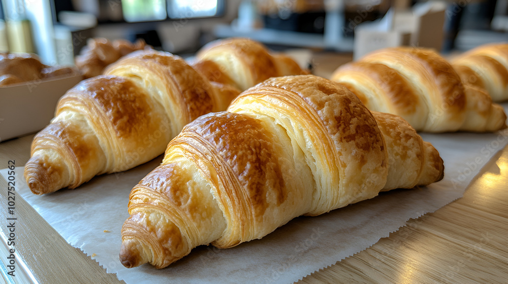 Freshly baked croissants displayed on a wooden table in a cozy café during the morning hours, inviting patrons for breakfast Freshly baked croissants displayed on a wooden table in a cozy café during the morning hours, inviting patrons for breakfast