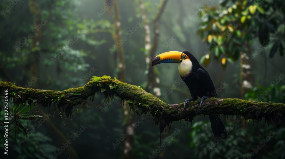Toucan sitting on the branch in the forest, green vegetation, full of copy space, colorful wallpaper Toucan sitting on the branch in the forest, green vegetation, full of copy space, colorful wallpaper