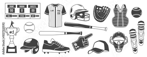Baseball icons. Sports game elements, black silhouettes, professional equipment, uniform, scoreboard, helmet, ball and bat, score table and athletic jacket. Softball isolated tidy vector set