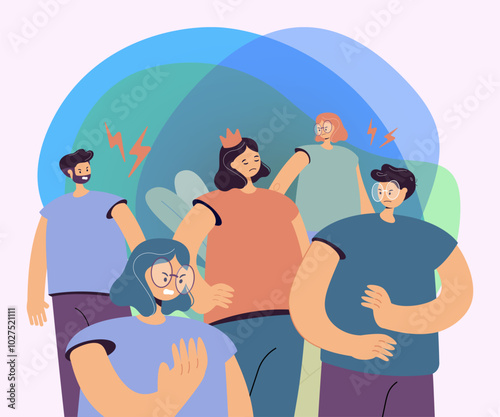 Arrogant selfish person in crown making group of people annoyed and angry. Lonely girl having behavior problems. Vector illustration for aggressive society, bad communication concept