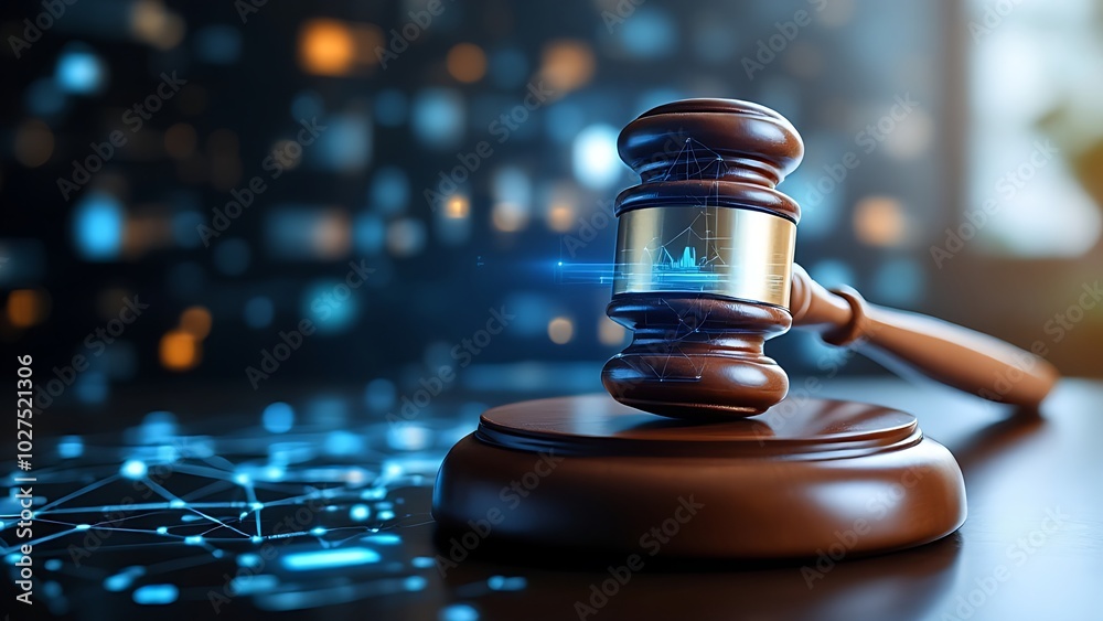 wooden judge’s gavel on a stand with a digital blue overlay of network connections and pulses, symbolizing the intersection of law and technology wooden judge’s gavel on a stand with a digital blue overlay of network connections and pulses, symbolizing the intersection of law and technology