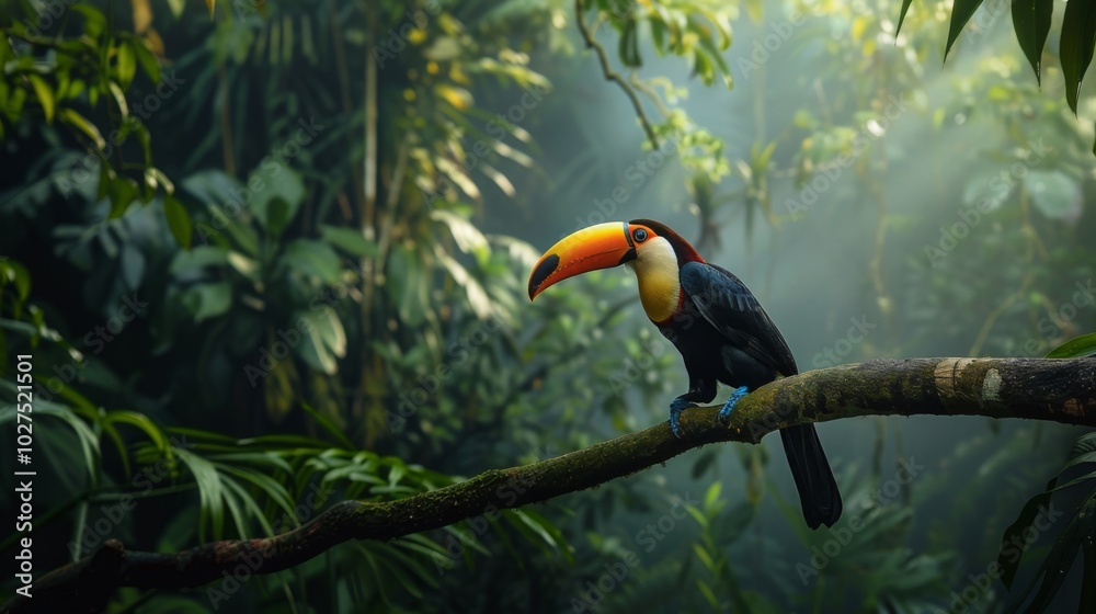 Toucan sitting on the branch in the forest, green vegetation, full of copy space, colorful wallpaper Toucan sitting on the branch in the forest, green vegetation, full of copy space, colorful wallpaper