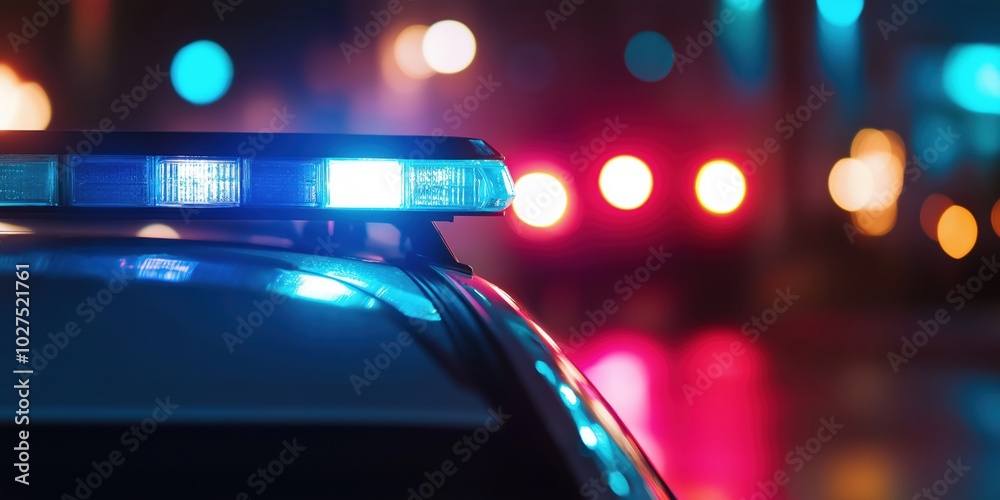 A police car with flashing blue and red lights creates an atmospheric scene in the night, drawing attention to security, vigilance, and law enforcement presence. A police car with flashing blue and red lights creates an atmospheric scene in the night, drawing attention to security, vigilance, and law enforcement presence.