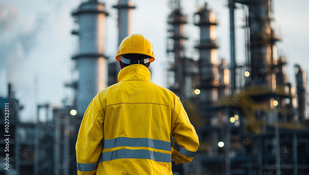 A worker in a yellow safety suit and helmet is standing near an oil and gas industry plant with a blue sky background, looking at the ground, viewed from behind. A worker in a yellow safety suit and helmet is standing near an oil and gas industry plant with a blue sky background, looking at the ground, viewed from behind.