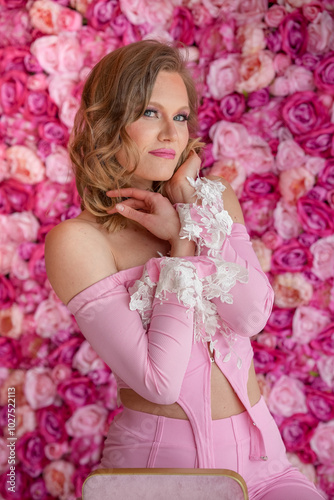 A woman is sitting on a stool in a room with pink walls and pink flowers. She is wearing a pink outfit and is posing for a picture. The room has a pink and white color scheme