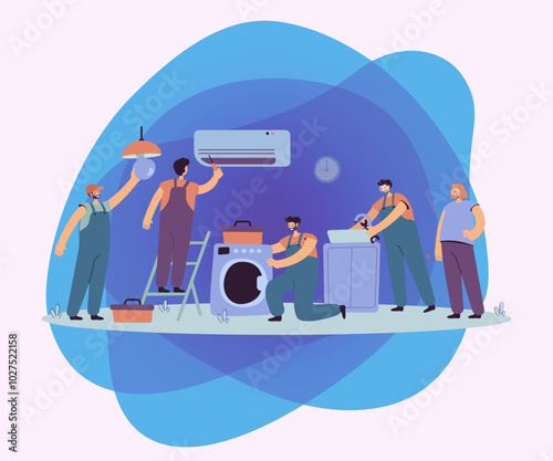 Handymen repairing clients home appliance. Service man end electrician fixing washing machine, air conditioner, plumbing equipment. Vector illustration for domestic work, maintenance concept